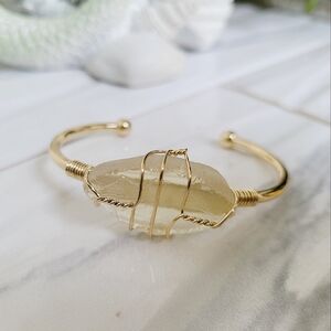 100% Citron Crystal Gemstone Bangle Bracelet Wire Wrapped Gold Tone Nwt